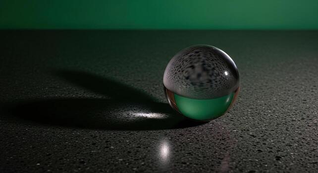 Reflective Glass Sphere on Textured Surface with Green Glow and Dramatic Shadow Modern Abstract 3D Render for Technology Design photo
