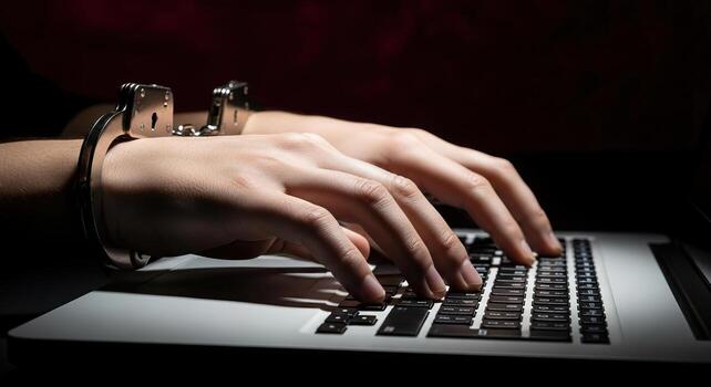 Cybercrime Consequences Hands in Handcuffs Typing on Laptop Keyboard Symbolizing Digital Addiction Data Breach Hacking and Internet Security Threats photo
