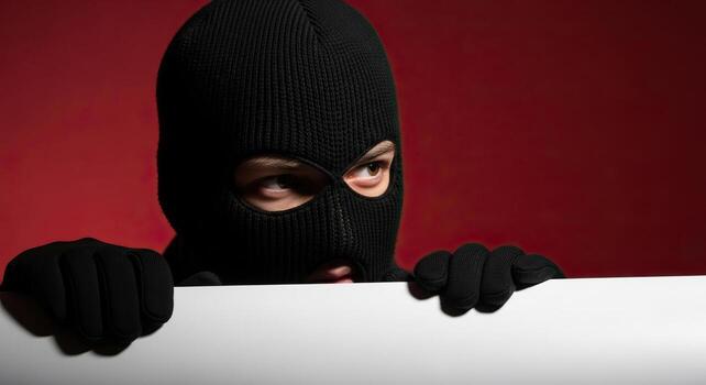 Masked Figure in Balaclava Peeking Over Blank White Sign with Copy Space on Red Background Ideal for Crime Security or Warning Concepts photo