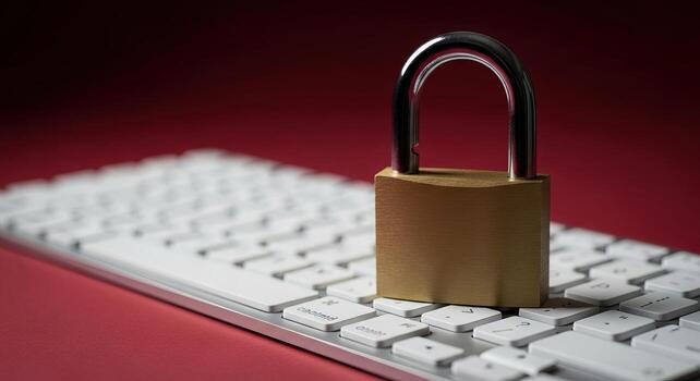 Digital Security Concept Golden Padlock on a Modern Computer Keyboard Symbolizing Data Protection and Cybersecurity photo