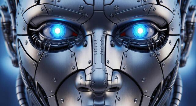 Futuristic AI Robot Head with Glowing Blue Eyes Advanced Cybernetic Android Face Close up for Technology Concepts photo