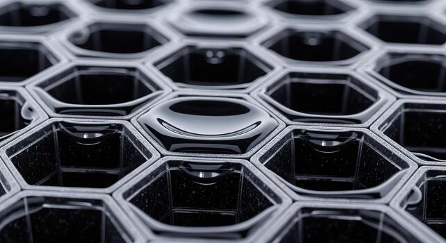 Futuristic Hexagonal Grid with Reflective Black Liquid Droplets Abstract Technology Science Digital Data Background photo