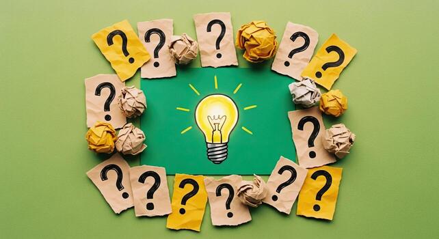 Creative idea concept with question marks crumpled paper and a shining light bulb representing innovation inspiration and problem solving photo