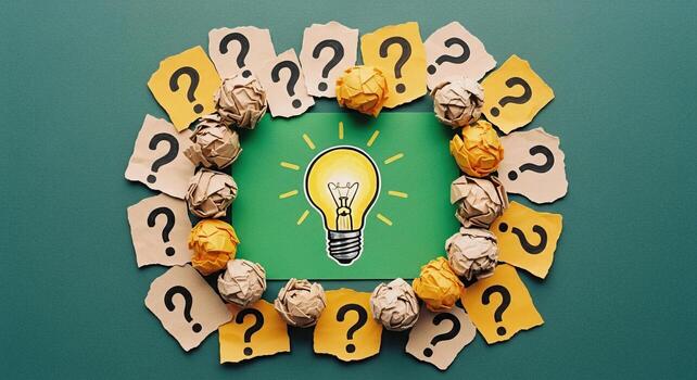 brillante idea ligero bulbo rodeado por estropeado papel pelotas y pregunta marcas en verde simbolizando lluvia de ideas problema resolviendo y creativo soluciones foto