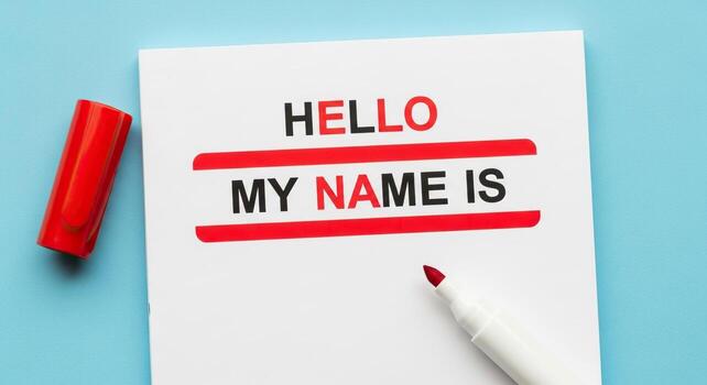 Hello My Name Is Tag Name Tag Mockup with Red Marker for Personal Introductions and Networking Events photo