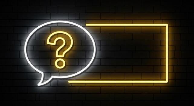 Neon Question Mark Speech Bubble on Brick Wall with Text Frame FAQs and Customer Support Concepts photo