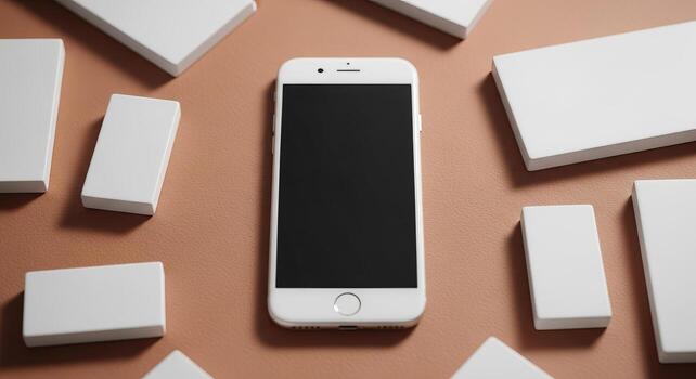 Minimalist White Smartphone Mockup with Blank Screen and Abstract White Shapes on a Beige Background Perfect for App UI Design and Tech Presentation photo