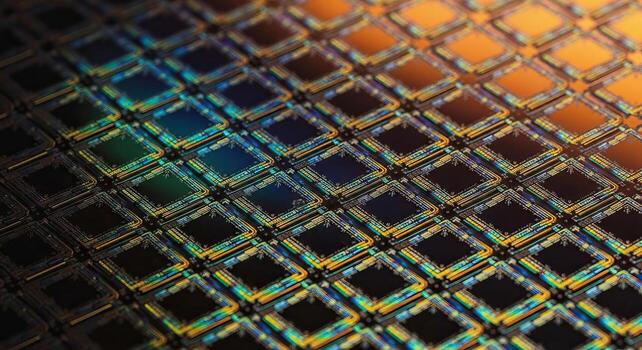 macro Disparo de un silicio pastilla oblea con complejo circuitos y refractivo colores foto