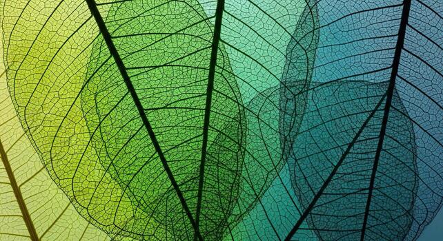 Abstract Macro Skeleton Leaves Texture Background in Gradient Green and Teal Tones photo