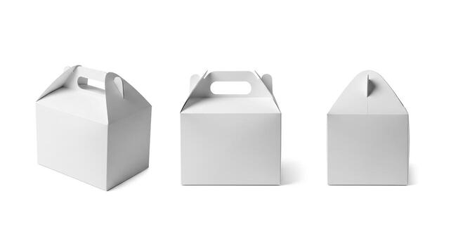 Set of Three Blank White Cardboard Gable Boxes with Handle Mockups for Packaging Branding and Product Presentation photo