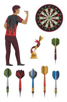 Dart player aiming at dartboard vector