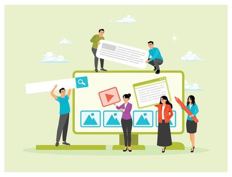 el concepto de optimizando o creando sitio plantillas. equipo colaboración en un grande computadora pantalla. vector