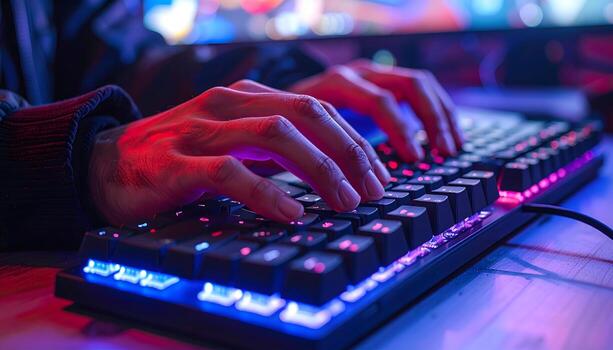 a person is typing on a keyboard with a computer screen in the background photo