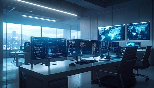 a room with multiple monitors and computers photo