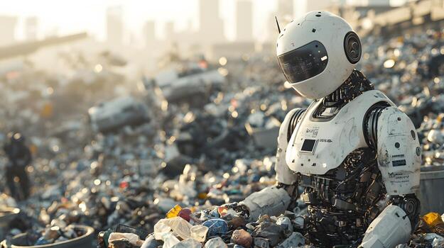 robot in garbage heap with city skyline in background photo