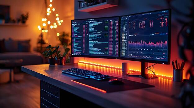 two computer monitors with a keyboard and mouse on a desk photo