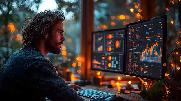 man working on computer with stock market graphs photo