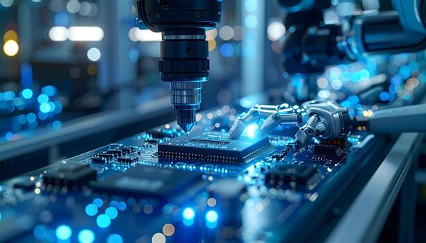 Close-up of a sleek robotic arm working on a microchip on a glowing blue circuit board in a factory photo