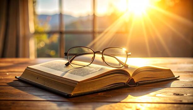 Capture a high-key, photorealistic image of an open, well-worn textbook lying flat with glasses photo