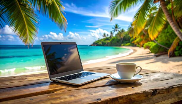 Capture a photorealistic, first-person image of an open laptop and coffee on a beach table with palm trees photo