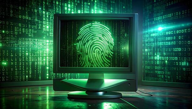 Create a dark, intense photorealistic image of a retro computer monitor displaying a glowing fingerprint and binary code photo
