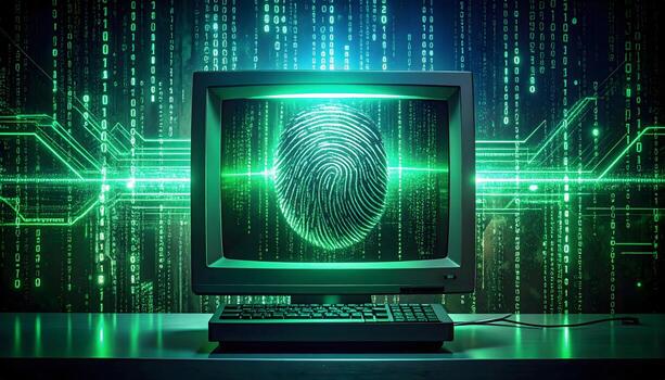 dark, intense photorealistic image of a retro computer monitor displaying a glowing fingerprint photo