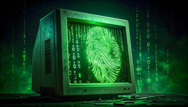 a dark, intense photorealistic image of a retro computer monitor displaying a glowing fingerprint and binary code photo