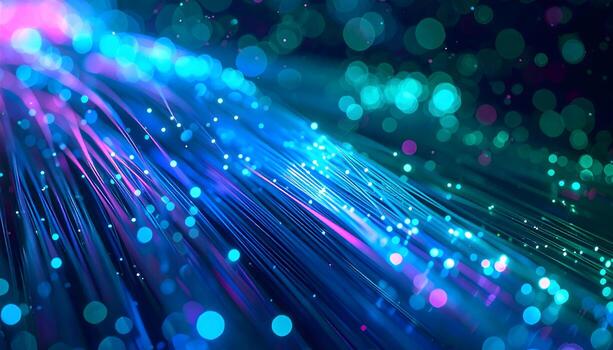 Digital data stream visualized as glowing, vibrant, colorful light lines in a macro shot photo