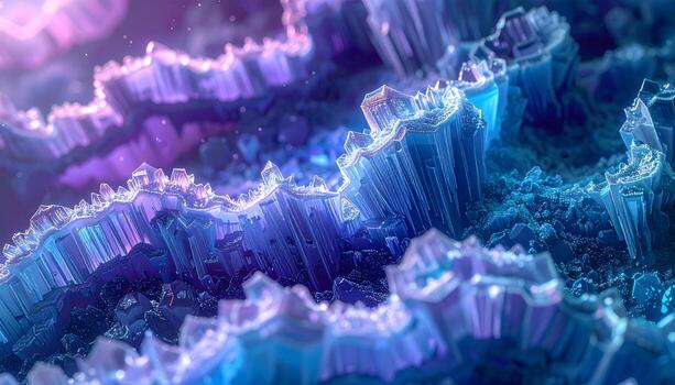 Extreme macro photograph of vivid, glowing ice or crystal structures with sharp edges and bokeh photo