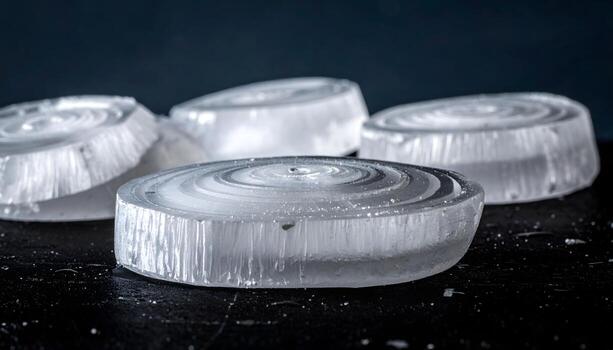 Atmospheric image of melting ice, scientific view of unique hailstone cross-sections on a wet surface. photo