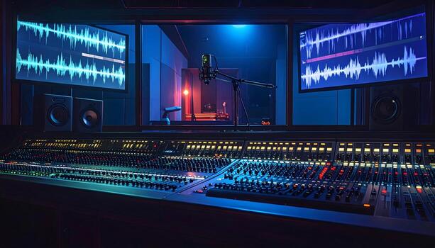 Massive, illuminated sound mixing desk with glowing faders and large screens displaying digital waveforms photo