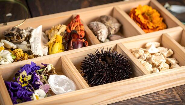 A rustic array of exotic spices, dried fruit, and decorative elements for use in cooking or apothecary. photo