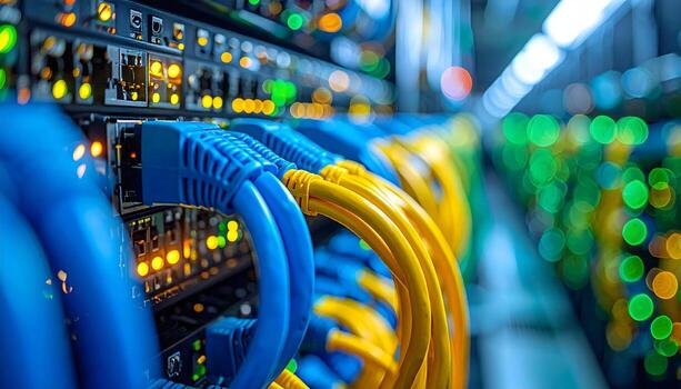 Digital information flow, a row of network switches with bright indicator lights and cables blurring. photo