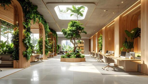 Next-generation co-working space with a large tree under a skylight, flanked by vertical gardens and desks photo