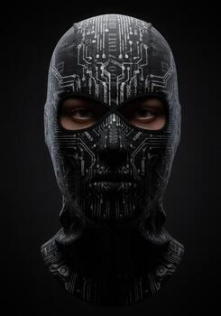 un hombre vistiendo un máscara con un circuito tablero en su cara foto