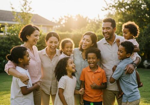 A family of five standing together in the grass photo