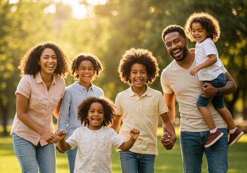A family of four standing in a park photo