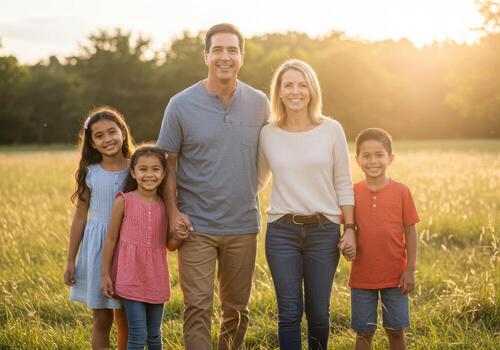 A family standing in a field at sunset photo