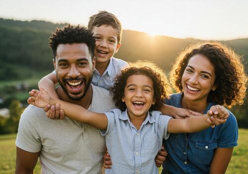 A family is smiling in the field photo