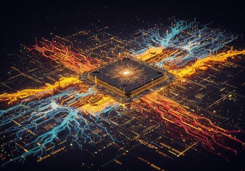 A computer chip surrounded by glowing lights photo