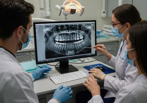 A dentist and two dental assistants looking at a computer screen photo