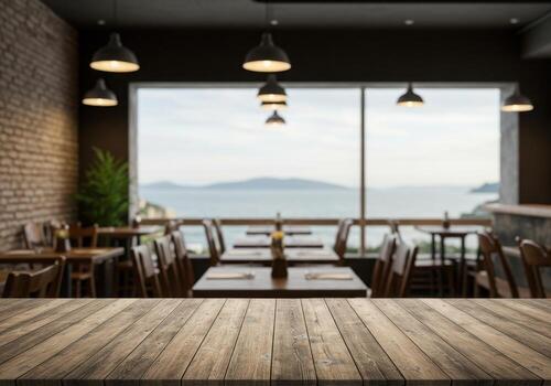 Table top view of empty restaurant with wooden floor and windows photo
