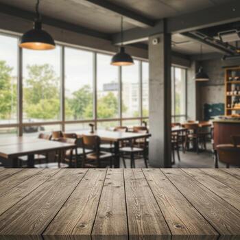 Wooden table top in a restaurant with tables and chairs photo