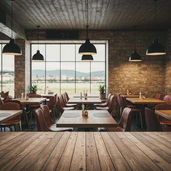 A restaurant with tables and chairs photo