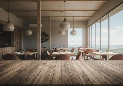 Wooden table in a restaurant with a view of the mountains photo