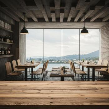 A restaurant with a large table and chairs photo