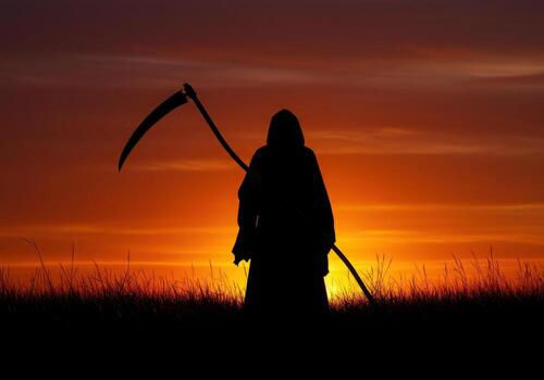 A person with a scythe in the sunset photo