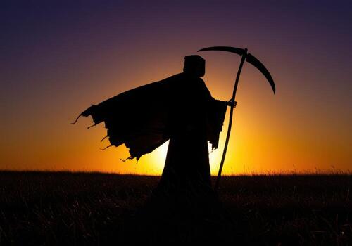 A silhouette of a man with a scythe in the sunset photo