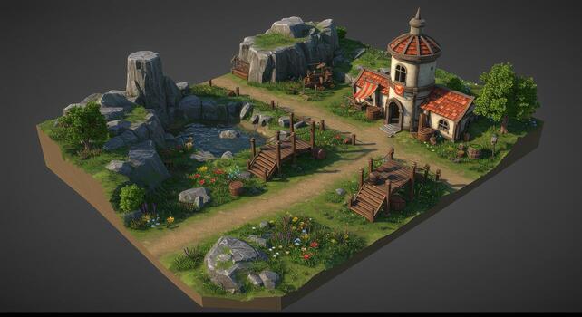 A 3d model of a village with a church and a tower photo
