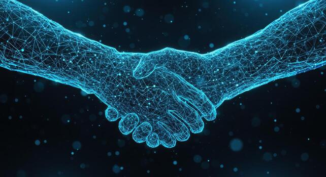 Two hands shaking over a glowing blue background photo